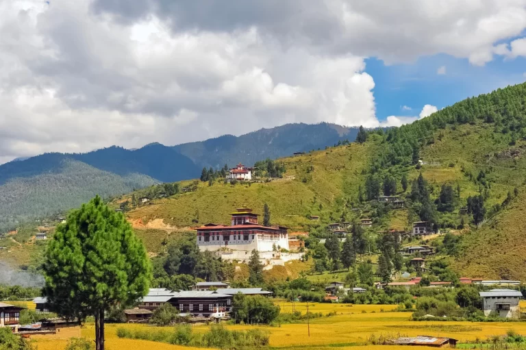 Traditional Bhutanese dzong surrounded by forests and terraced fields in Paro Valley, symbolising Bhutan’s commitment to environmental conservation and sustainable development.
